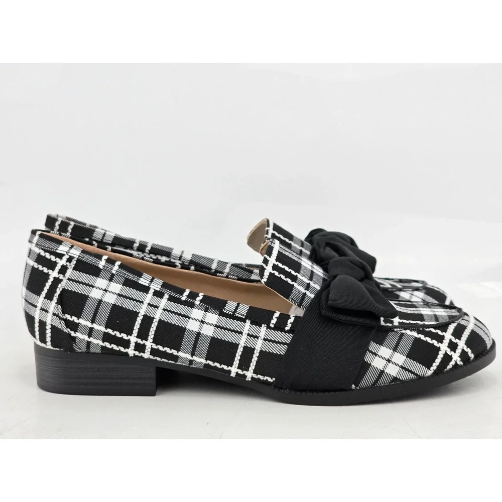 Bandolino Lindio Loafers Womens 9M Black White Plaid Bow Slip On Shoes -VGF